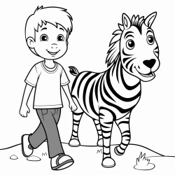 a boy walk on zebra