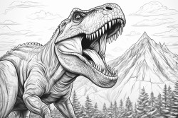 a tyrannosaurus rex roaring on a cliff with a volcano erupting in the background