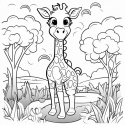 black and white coloring book drawing only thick outlines no grayscale for kids cartoon style giraffe forest