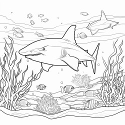 coloring page in black and white with a white shark swimming in between corals and various fishes with no grey or blue areas in the picture