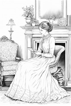 a beautiful victorian woman in her 20s reading a book by a fireplace