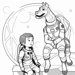 can you create a coloring picture of an astronaut giraffe and a kid they are seating in a rocket ready to take of to our sun