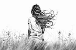 women walking in the grass smoking having her back shown and wind blowing her hair