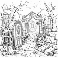 a crumbling arched stone gate leading into a haunted graveyard