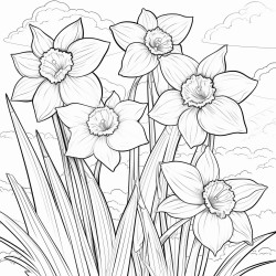 create a blackandwhite coloring page featuring daffodils in full bloom facing the sunlight use bold clear outlines for large petals stems and leaves position some daffodils facing forward and others to the side showing the suns direction keep the design simple with large areas