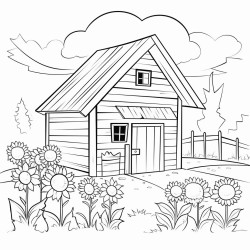 create a coloring page with clear thin line art and no shading or filled areas the design should feature a barn