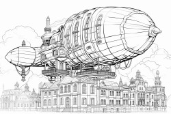 steampunk airship in the sky hovering over victorian buildings