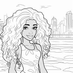 black and white 2d coloring book style stylish girl in brazil