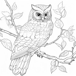 coloring page owl perched on a tree branch with leaves around no shading high details thick lines