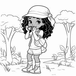 african american cute girl birdwatching holding binoculars looking into trees