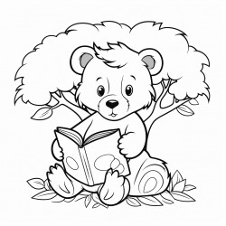 a bear sitting under a tree reading a book