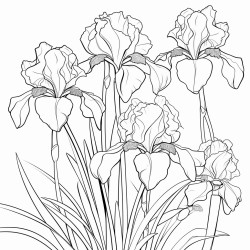 create a blackandwhite coloring page of irises in bloom use bold welldefined outlines for large petals and stems arrange the irises at different stages of bloom from buds to fully open flowers add a few leaves for detail but keep the design simple and uncluttered