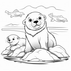 a seal swimming in the sea with polar bears on the shore