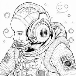 adult astronaut listening to music