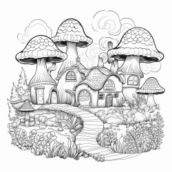 magical forest with mushroom houses etc