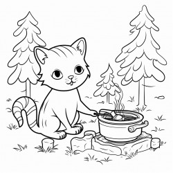 a cat cooking in the forest