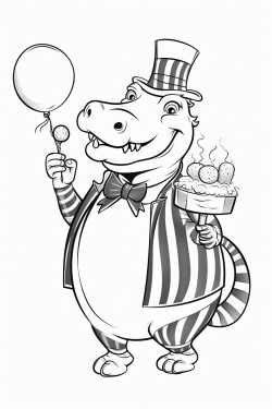 an alligator holding balloons dancing with a zebra at a tea party in a simple coloring book style