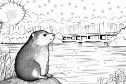 an otter and a cicada watching fireworks by a river