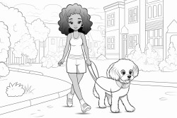 beautiful  african american young girl walking with cute fluffy puppy