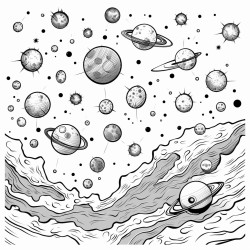 a whimsical asteroid field filled with colorful rocks and space debris