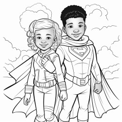 olouring book that has an image of a 6 year old blackbrown skin superhero child one male and one female smiling