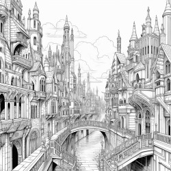 a gothic city with towering spires shadowy streets and dark intricate architecture