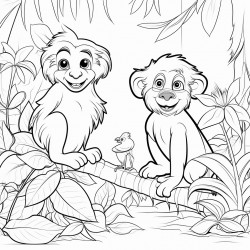 a friendly tiger a curious monkey and a colorful parrot in a lush jungle with trees vines and flowers