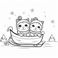 The illustration should be in SUPER SIMPLE black and white bold line art with a clear mostly empty background INCLUDES ONLY OUTLINES WITH NO FILLED IN BLACK AREAS ensuring no shading no complex images and making it very easy to color in between the lines Two cats riding a sleigh together