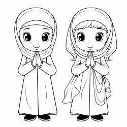 two little cartoon muslim girls wearing jilbab praying salah standing with hands raised up by ears