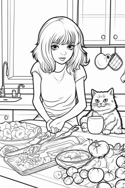  mom  chop vegetables kitchen longhaired girl wiping the counters the cat tried to eat 