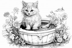 kitten fishing out of birdbath in middle of garden