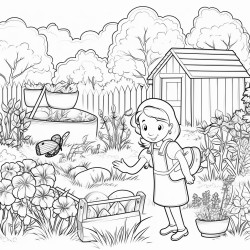 a vegetable and flower garden with different types of pollinators and a compost bin