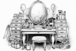 a chic vanity with an elegant mirror surrounded by makeup brushes foundations eyeshadow palettes and lipstick tubes