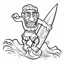 tiki man riding a surfboard on a wave