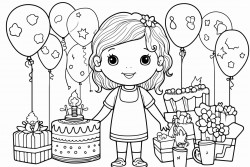 birthday postcard for small girl with cake toys balloons gifts
