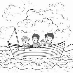 worried boys working into a big boat with a big storm