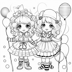 kawaii clowns with balloons and presents rainbows