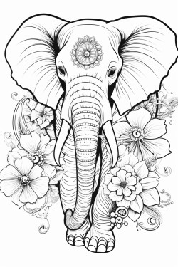 elephant zentangle art with flowers on the side
