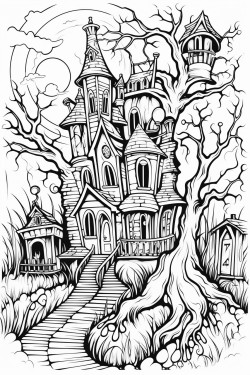 a haunted house with creepy trees