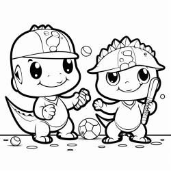 cute kawaii style dinosaurs playing baseball
