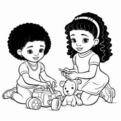 two black sisters learning how to share their toys one is 9 years old  and the other is 2 years old