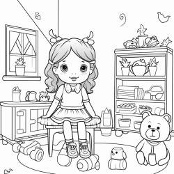 cute girl sitting in her room and playing with her doll and doll house