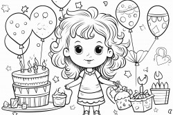 birthday postcard for small girl with cake toys balloons gifts