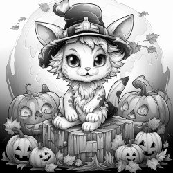 cute halloween scene cat with hat sitting on a big carved pumpkin detailed