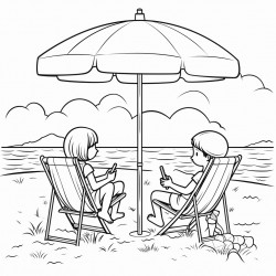 kids at the beach with their supplies by their chair under a umbrella