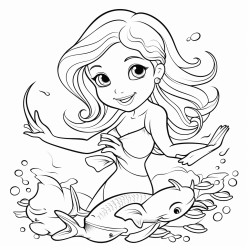 a cheerful mermaid with a long wavy tail swimming alongside two dolphins