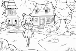 a little girl wearing a dress standing near a house with a garden path leading to the woods