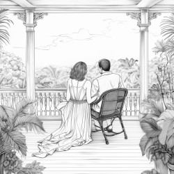 a couple sitting close together on the veranda and looking into the garden backview