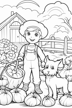 create a vibrant scene of a cheerful farm filled with various elements for kids to color the foreground features a friendly farmer wearing a straw hat smiling as they tend to a garden with colorful vegetables like carrots tomatoes and pumpkins nearby a playful puppy runs alongside a curious kitten