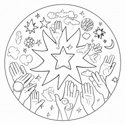 illustrate the creation story with animals plants sun moon and stars all surrounded by gods loving hands